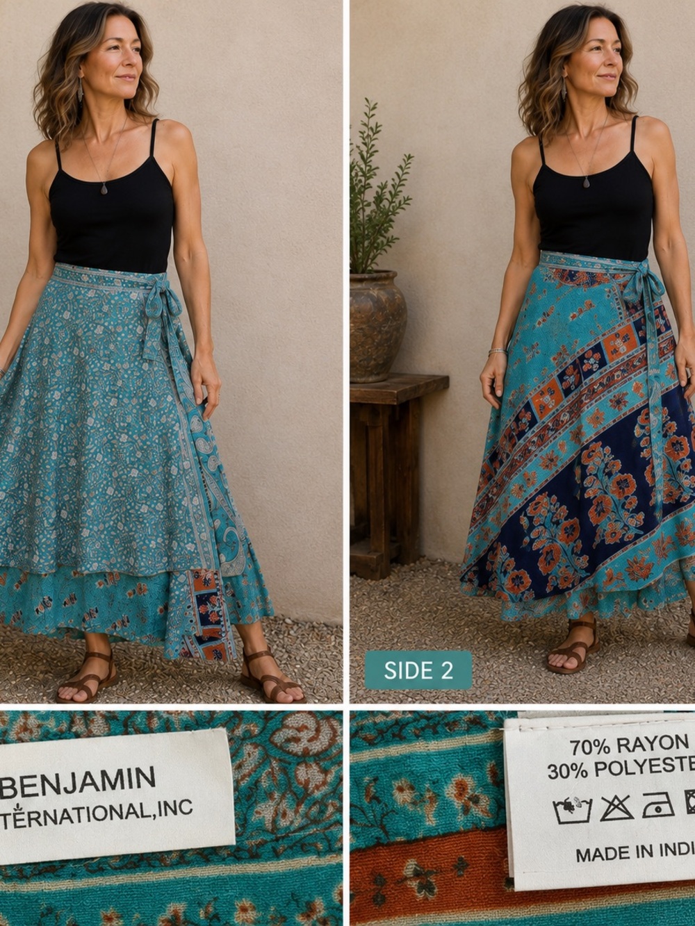 Benjamin International Reversible Wrap Skirt Boho Floral Print Made in India